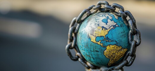 Poster - Globe encircled by chain symbolizing global issues, restrictions, and interconnectedness of nations, highlighting geography and world awareness, copy space for text
