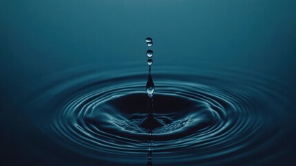 Poster - A close-up of a water droplet creating ripples in a dark blue pool.