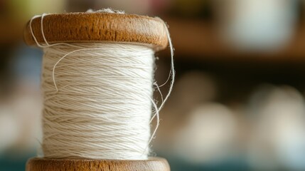 Poster - A close-up of a wooden spool holding white thread, commonly used for sewing and crafting.