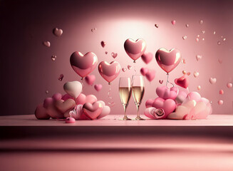 Canvas Print - Romantic scene with pink heart-shaped balloons floating around champagne flutes and roses on a soft pink background.  Perfect for Valentine's Day or anniversary celebrations.