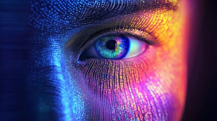 Aufkleber - A close-up of an eye with vibrant colors and digital patterns, symbolizing technology and perception.