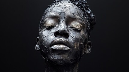 Poster - A close-up portrait of a person with a textured, dark surface on their face, conveying emotion.