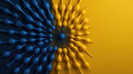Poster - Dynamic patterns of blue and yellow spheres abstract design studio setting minimalist composition high angle concept