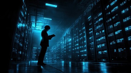 Poster - Technician monitors servers in dark data center.