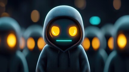 Poster - Digital revolution futuristic hooded figures in urban setting 3d art cyberpunk atmosphere close-up perspective