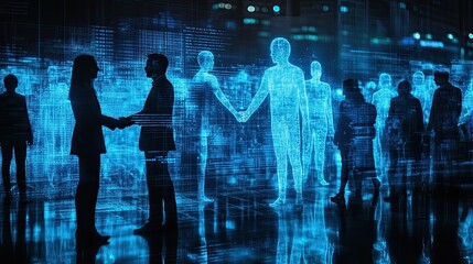 Poster - Business people shaking hands with holograms in a futuristic partnership, symbolizing innovative collaborations and strategic alliances for global business success. -