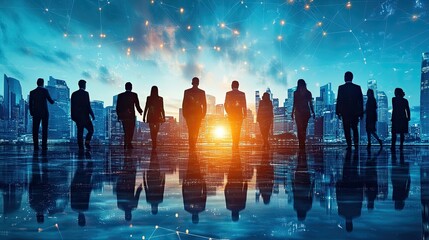 Poster - Business professionals collaborating remotely, empowered by AI-driven productivity tools for strategic planning, improving team synergy, decision-making, and business outcomes. 