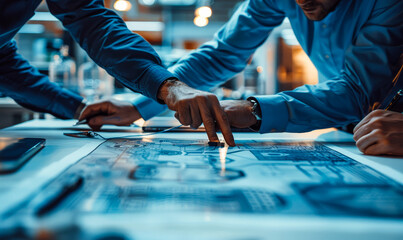 Poster - Engineers and Scientists Collaborating on Industrial Engine Design, Illuminated Conference Table, Research Center, Finding Solutions, Close-up Hands, Technology Innovation, Evening Meeting