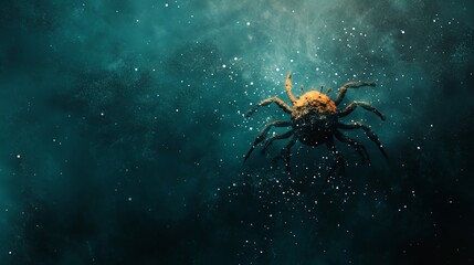 a yellow spider crawling in the middle of a dark blue space