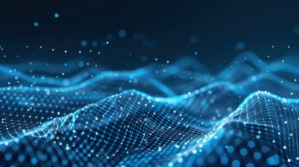 Poster - Abstract line waves, Digital waves, Business graph waves and technology graph, Abstract blue technology background with a cyber network grid and connected particles, digital connectivity