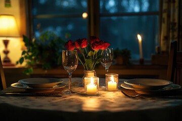 Wall Mural - candlelight romantic dinner table for two in restaurant. ai generated