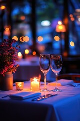 Wall Mural - candlelight romantic dinner table for two in restaurant. ai generated