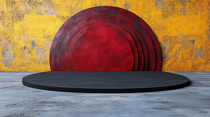 Wall Mural - Minimalist design featuring concentric circles in red against yellow wall, creating striking visual contrast. circular shapes add depth and interest to space