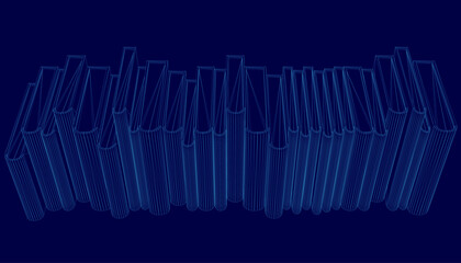 Poster - Blue image of a stack of books. The books are stacked in a row and are all the same size. The image has a very organized and orderly feel to it