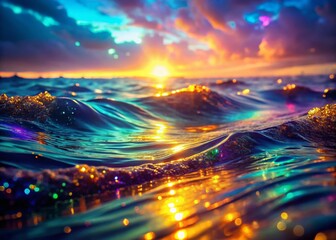 Wall Mural - Holographic Ocean: Long Exposure Shimmering Liquid Light Waves Stock Photo