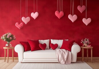 Wall Mural - Valentine's Day-themed living room with heart-shaped pillows on the sofa, a minimalistic and modern style, red walls, a wooden floor, a white couch, pink hearts hanging from the ceiling.