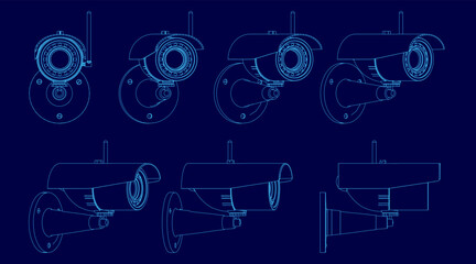 Poster - Series of blue drawings of a camera lens. The drawings are all different sizes and angles. Scene is somewhat abstract and artistic