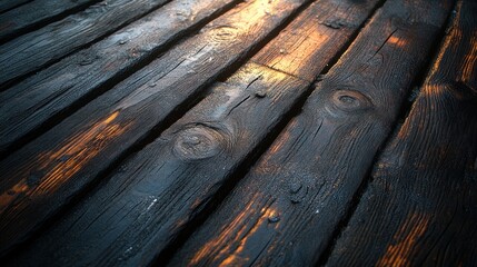 Poster - A close-up view of weathered wooden planks with a warm glow from light reflecting on the surface.