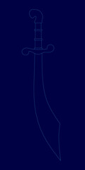 Poster - Sword is displayed in a blue image with a blue background. The sword is outlined, giving it a sense of depth and dimension. The image is a stylized representation of a sword