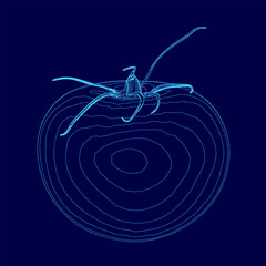 Poster - Blue drawing of a tomato. The drawing is of a tomato with a stem and a leaf