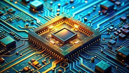 Poster - Close-up of Blue Teal Gold Data Chip Magnified, Illustrating Internet Security
