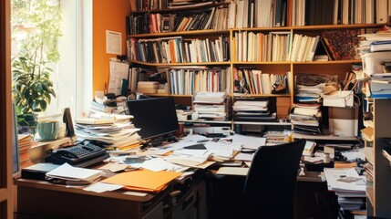 Poster - A cluttered office space filled with books, papers, and a computer, indicating a busy work environment.