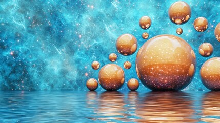 Poster - Vibrant Spheres in Cosmic Space with Reflections in Water Creating a Dreamy Landscape