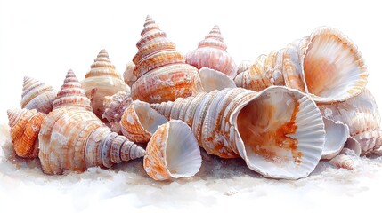 Aufkleber - A collection of beautifully detailed seashells arranged on a sandy surface.