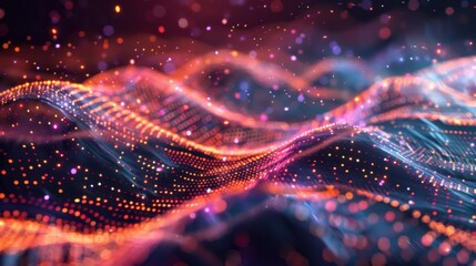 Aufkleber - Abstract wave with moving dots and lines. Flow of particles. Cyber technology illustration. 3d rendering 