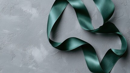 Wall Mural - Elegant green ribbon draped on a textured gray surface.