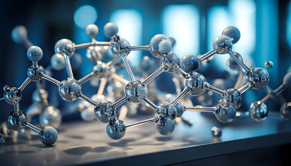 Poster - stunning close-up of a metallic molecular model against a blurred blue background. perfect for scien