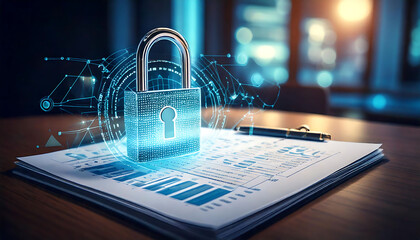 Poster - Cybersecurity concept image.  A metallic padlock with glowing digital network effect sits on documents, illustrating data protection  digital security.