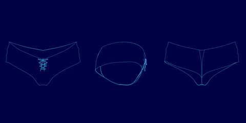 Poster - Three drawings of underwear are shown in a blue background. The drawings are of different styles and sizes, but they all have the same basic shape. Scene is playful and lighthearted