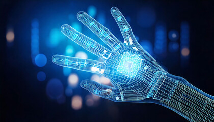 Poster - Stunning futuristic image of a translucent robotic hand with integrated circuitry, set against a blurred blue backdrop. Ideal for tech, AI, robotics, and innovation concepts.