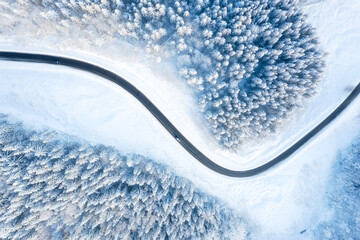 Wall Mural - aerial view on the curvy road and forest at the winter time. forest covered in snow. natural winter 