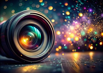 Poster - Creative Photography:  Camera Lens and Artistic Light Splashes on Dark Background