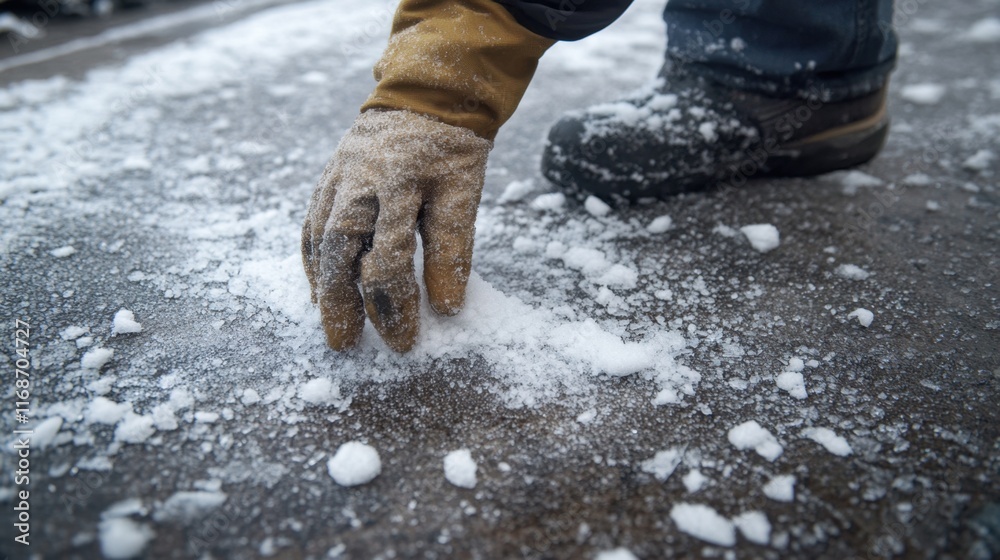 A city worker wearing gloves spreads salt on a slippery, icy sidewalk ...