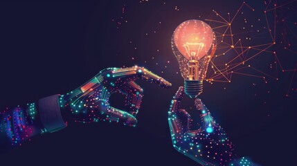 Poster - AI, Machine learning, Hands of robot and human touching big data of Global network connection, Internet and digital technology, Science and artificial intelligence digital technologies of futuristic