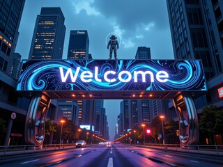 futuristic cityscape welcome sign with astronaut nighttime digital billboard
