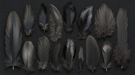 Poster - A collection of various black feathers arranged artistically on a dark background.