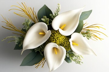 Elegant arrangement of white calla lilies with greenery showcasing floral beauty and creativity in a modern display