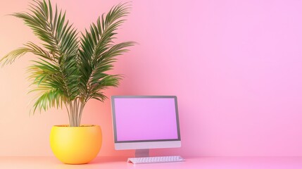 Poster - Modern Workspace with Computer and Potted Plant Against Pink Background for Home Office