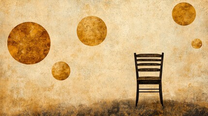 Poster - Solitary chair against rustic background with abstract circles in warm colors