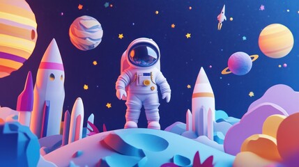 Poster - A colorful 3D scene of an astronaut surrounded by planets and rockets in space.