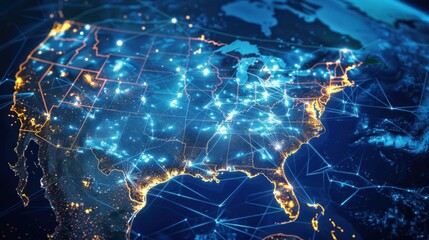 Poster - an image of the united states map with lines and connections, night photography, aerial view, light , internet , networks connections concept , space view , technology