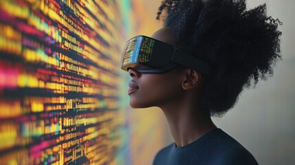 Aufkleber - Woman using VR headset, viewing code.
