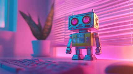 Poster - A colorful robot figurine stands on a desk beside a plant and keyboard, creating a playful workspace.
