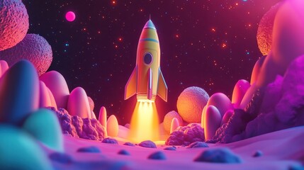 Poster - A colorful rocket launching into space amidst a vibrant alien landscape.