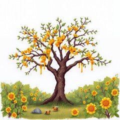 there is a tree with yellow flowers and a bird in the grass.