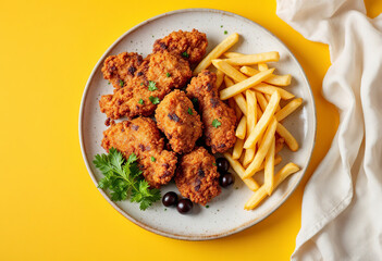 Wall Mural - A plate of fried chicken, french fries, and black olives on a yellow background